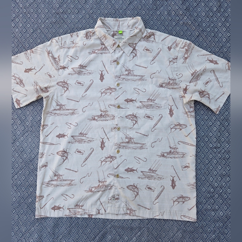 Quiksilver Waterman Collection Hawaiian Aloha Shirt Boat Fish Print Size XXL